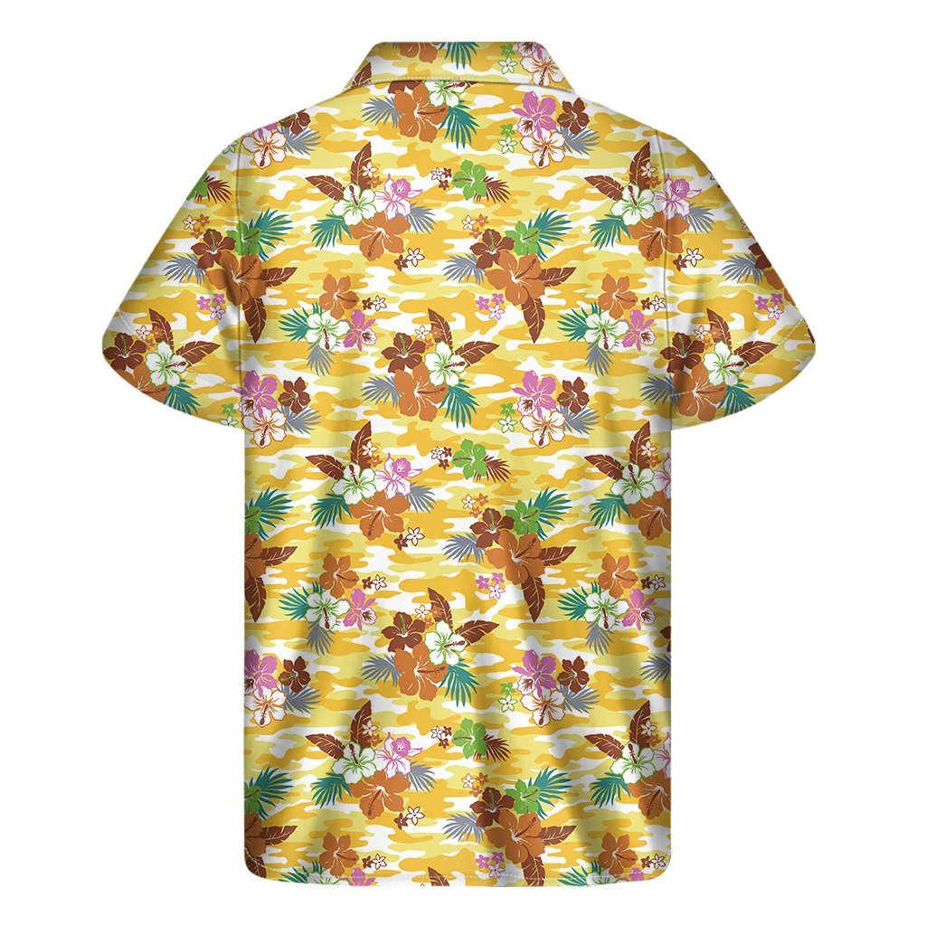 Yellow Camo And Hibiscus Flower Print Mens Short Sleeve Shirt Hawaiian