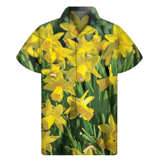 Yellow Daffodil Flower Print Mens Short Sleeve Shirt Hawaiian