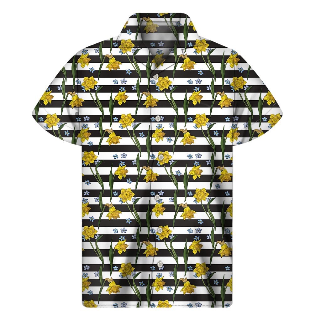 Yellow Daffodil Striped Pattern Print Mens Short Sleeve Shirt Hawaiian