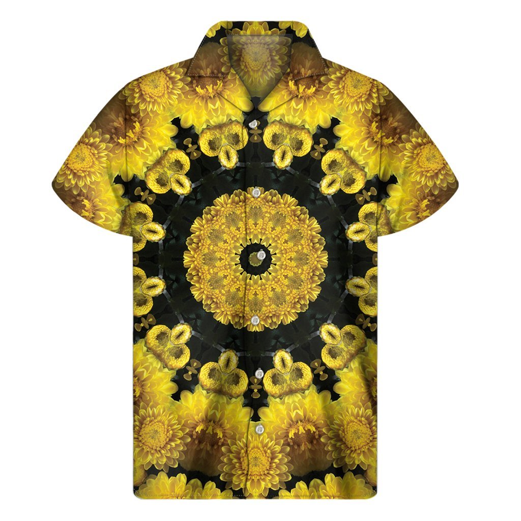 Yellow Flower Kaleidoscope Print Mens Short Sleeve Shirt Hawaiian