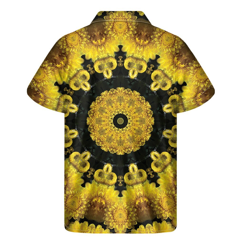 Yellow Flower Kaleidoscope Print Mens Short Sleeve Shirt Hawaiian