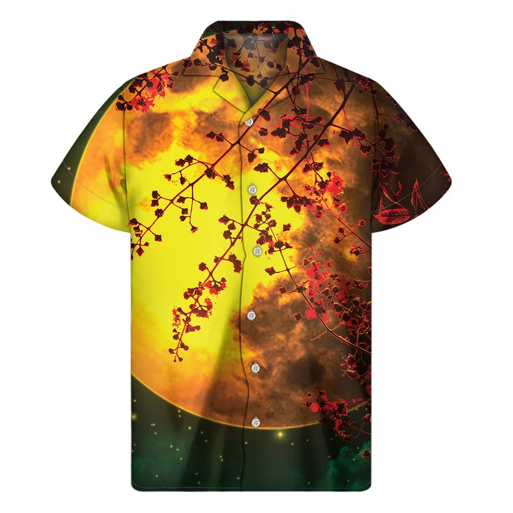 Yellow Full Moon Print Mens Short Sleeve Shirt Hawaiian