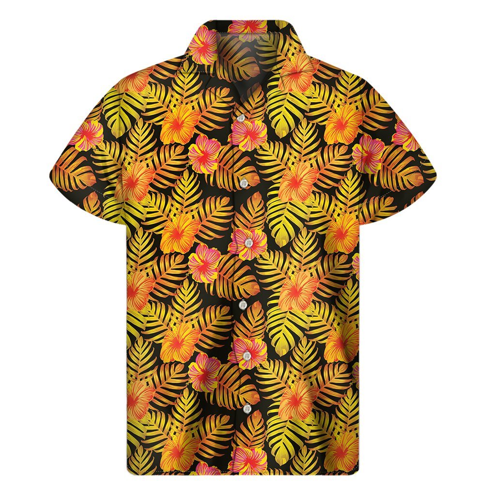 Yellow Hawaiian Tropical Pattern Print Mens Short Sleeve Shirt