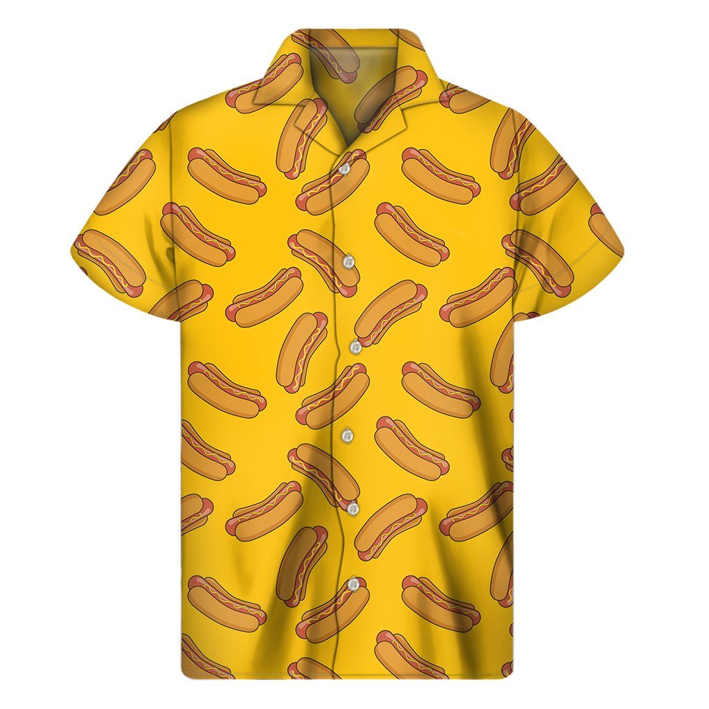 Yellow Hot Dog Pattern Print Mens Short Sleeve Shirt Hawaiian