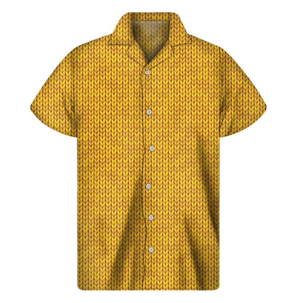 Yellow Knitted Pattern Print Mens Short Sleeve Shirt Hawaiian