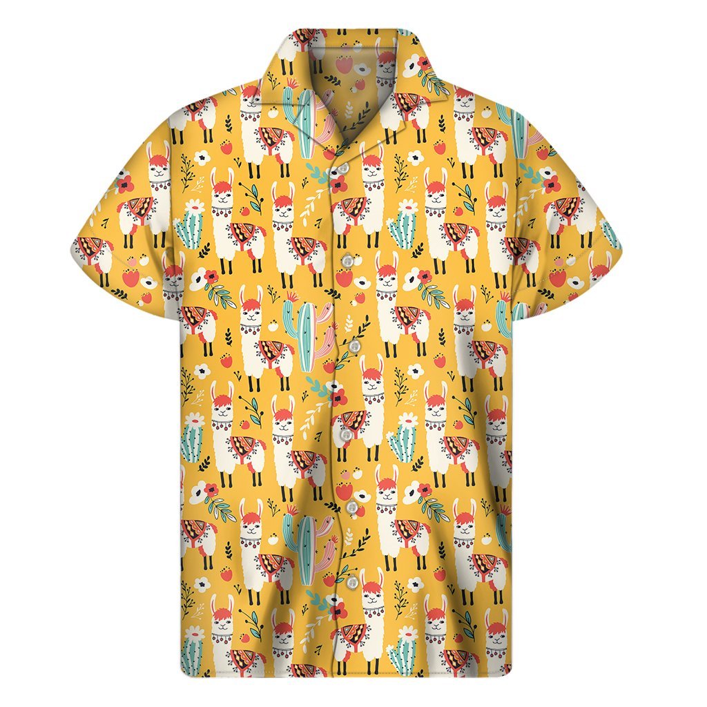 Yellow Llama Pattern Print Mens Short Sleeve Shirt Hawaiian