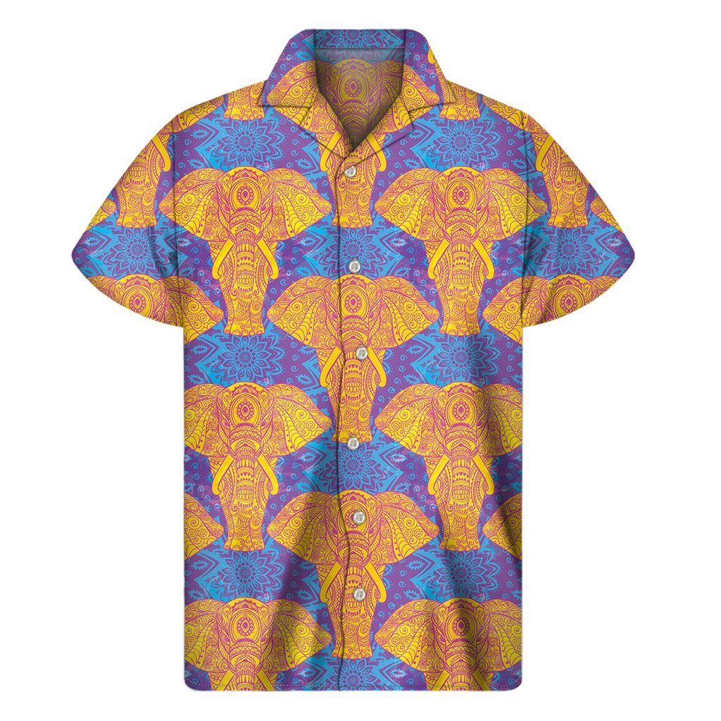 Yellow Mandala Elephant Pattern Print Mens Short Sleeve Shirt Hawaiian