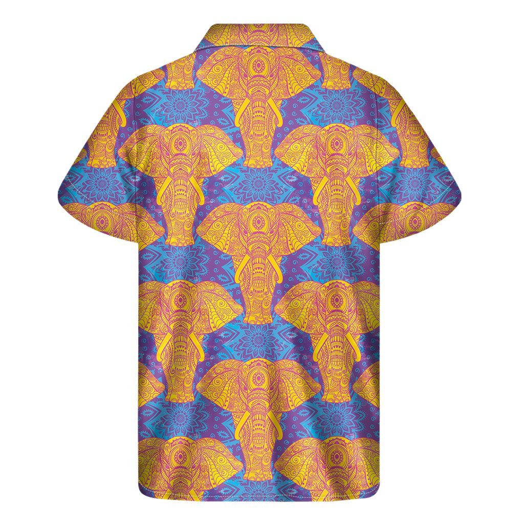 Yellow Mandala Elephant Pattern Print Mens Short Sleeve Shirt Hawaiian