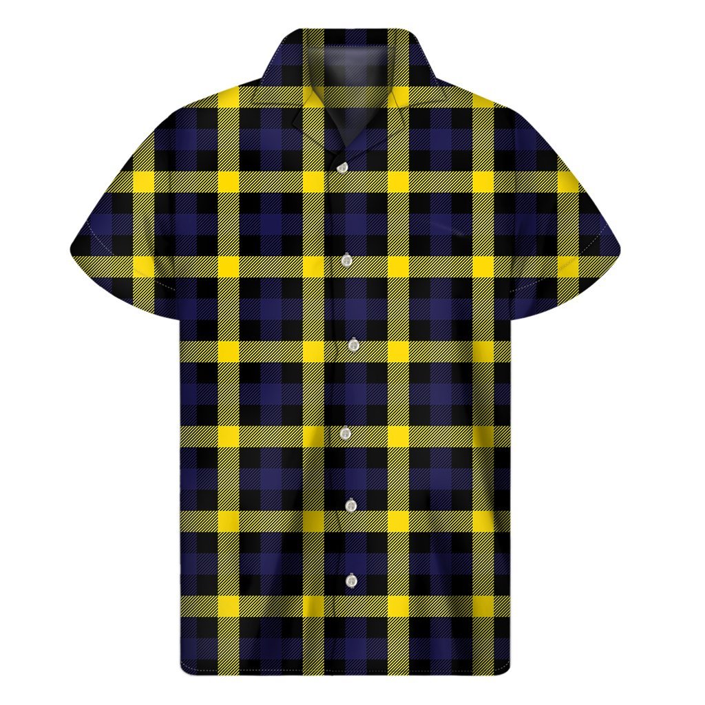 Yellow Navy And Black Plaid Print Mens Short Sleeve Shirt Hawaiian