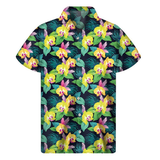 Yellow Orchid Pattern Print Mens Short Sleeve Shirt Hawaiian