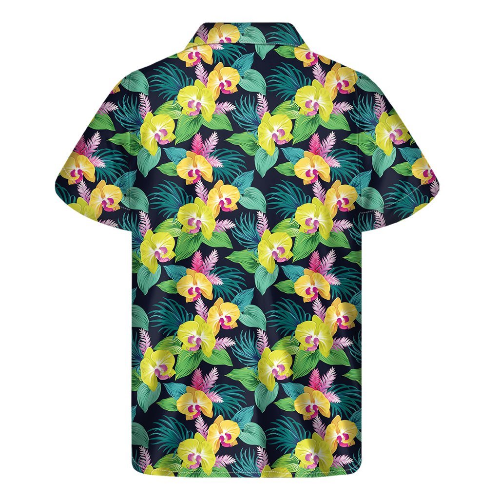 Yellow Orchid Pattern Print Mens Short Sleeve Shirt Hawaiian