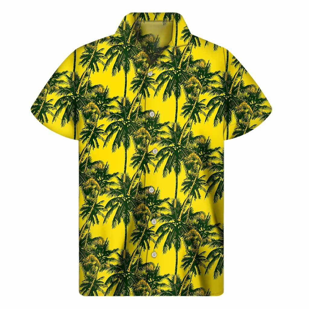 Yellow Palm Tree Pattern Print Mens Short Sleeve Shirt Hawaiian