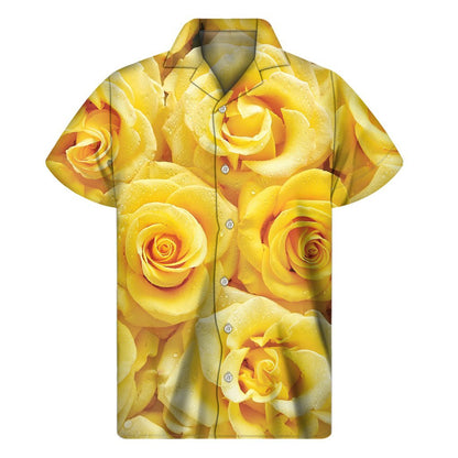 Yellow Rose Print Mens Short Sleeve Shirt Hawaiian