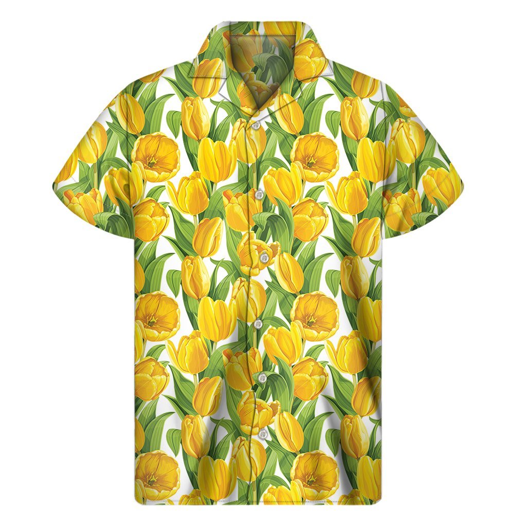 Yellow Spring Tulip Pattern Print Mens Short Sleeve Shirt Hawaiian