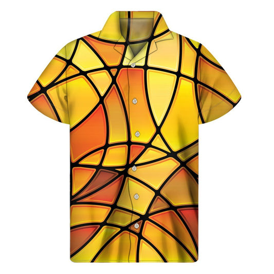 Yellow Stained Glass Mosaic Print Mens Short Sleeve Shirt Hawaiian