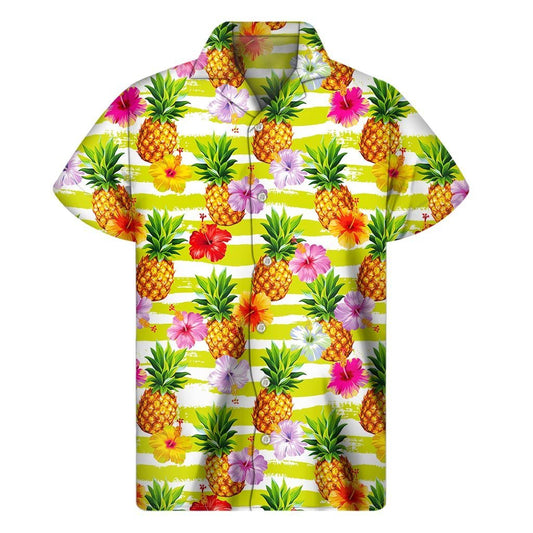 Yellow Striped Pineapple Pattern Print Mens Short Sleeve Shirt Hawaiian