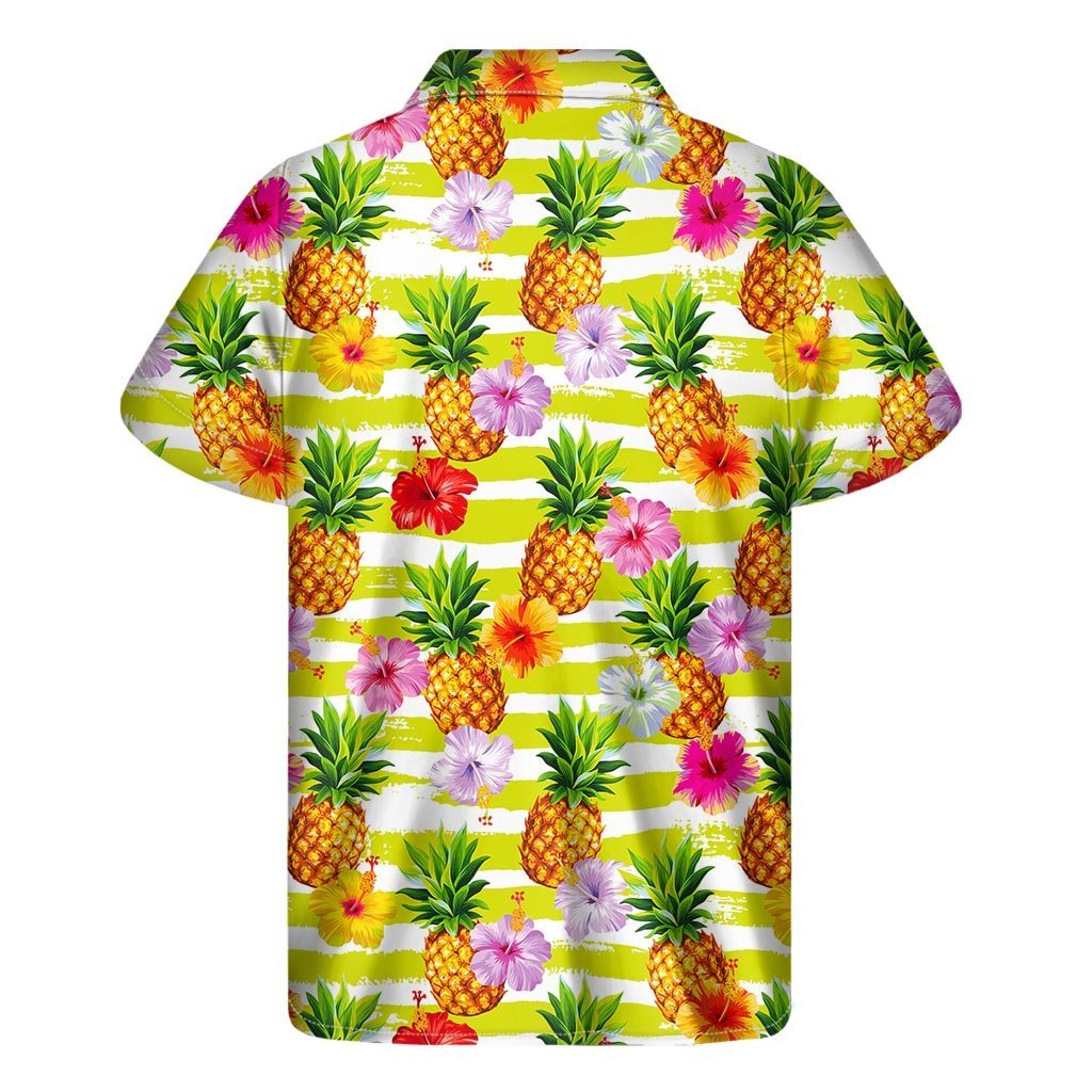 Yellow Striped Pineapple Pattern Print Mens Short Sleeve Shirt Hawaiian