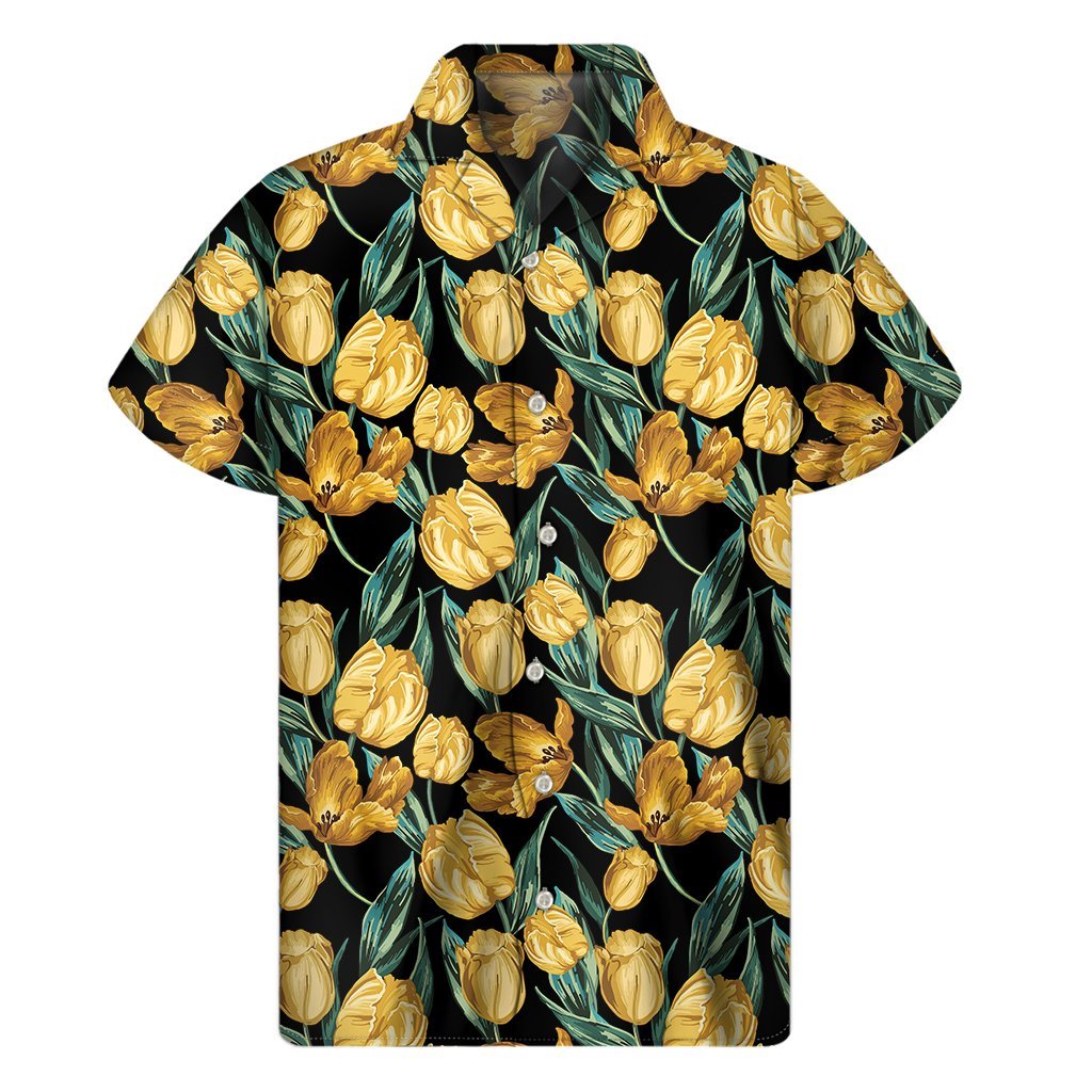 Yellow Tulip Floral Pattern Print Mens Short Sleeve Shirt Hawaiian