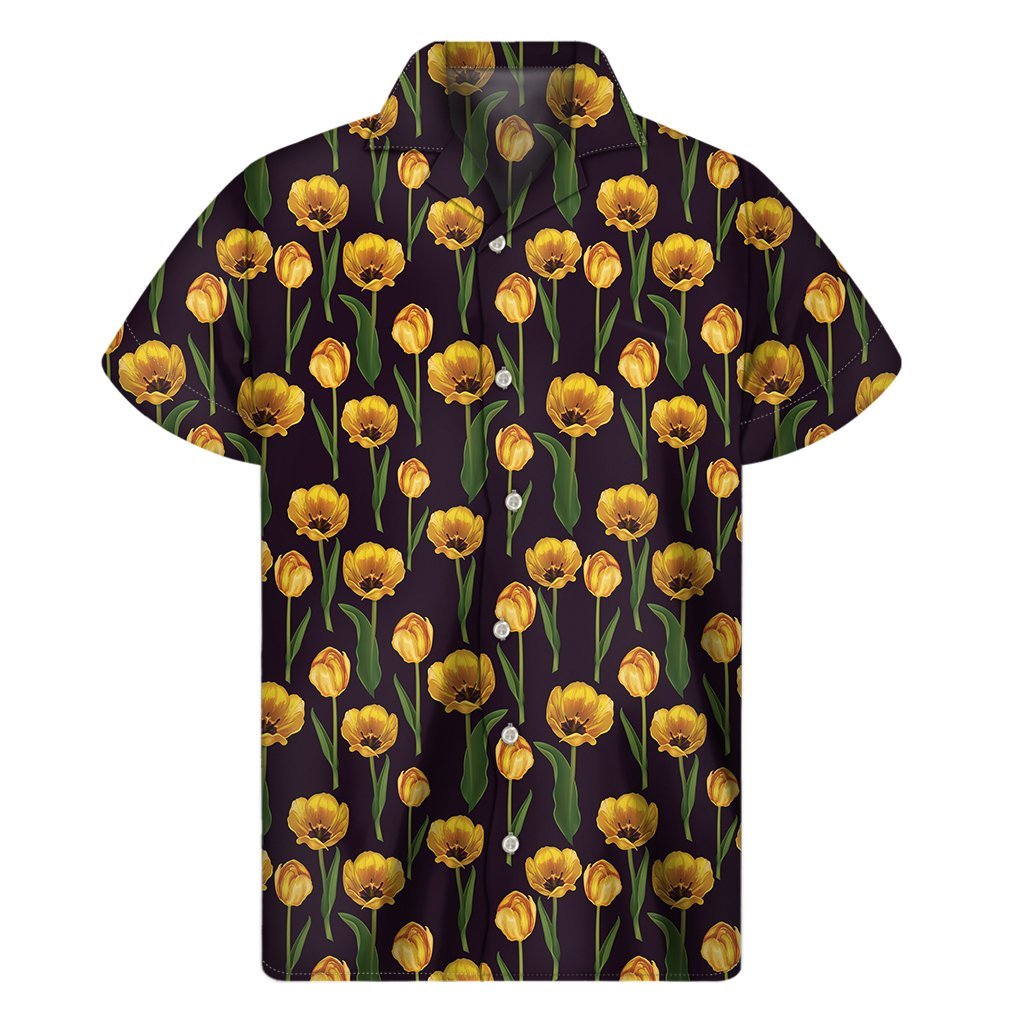 Yellow Tulip Flower Pattern Print Mens Short Sleeve Shirt Hawaiian