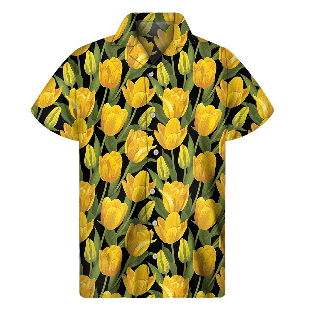 Yellow Tulip Pattern Print Mens Short Sleeve Shirt Hawaiian