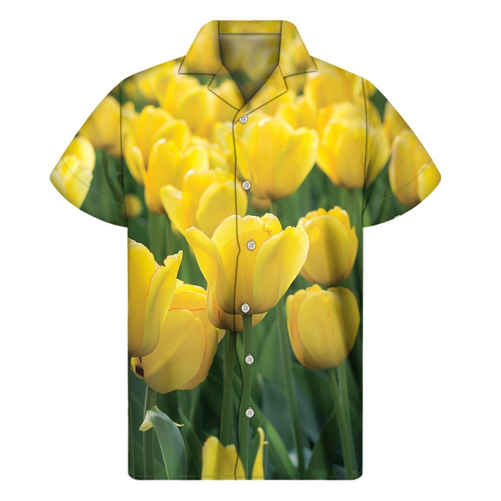 Yellow Tulip Print Mens Short Sleeve Shirt Hawaiian