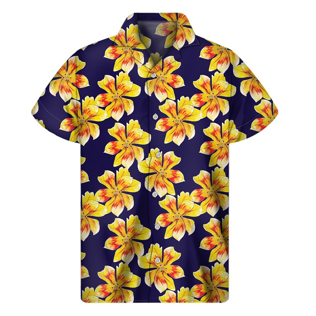 Yellow Watercolor Lily Pattern Print Mens Short Sleeve Shirt Hawaiian