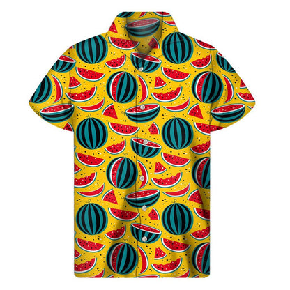 Yellow Watermelon Pieces Pattern Print Mens Short Sleeve Shirt Hawaiian