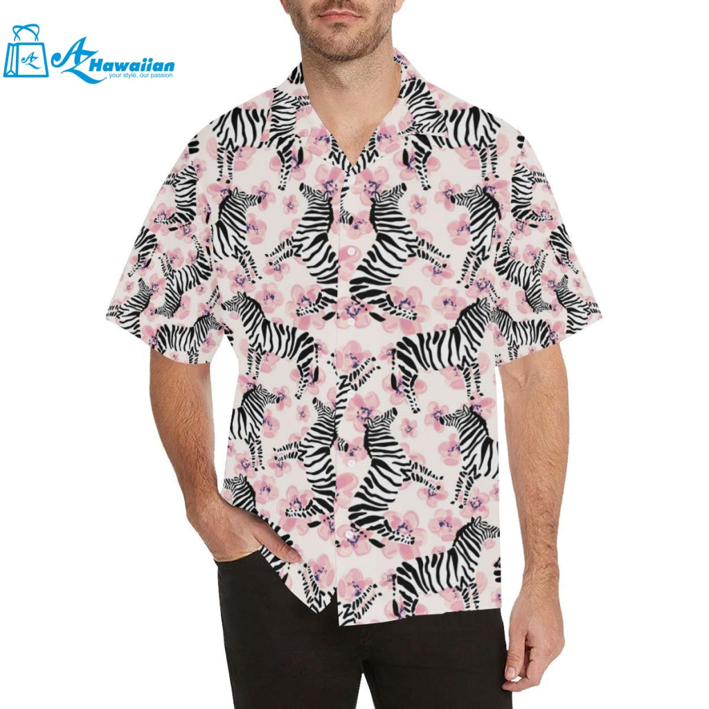 Zebra Pink Flower Background Mens All Over Print Hawaiian Shirt