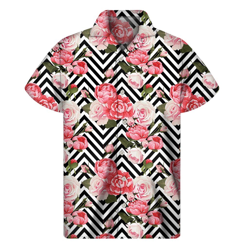 Zigzag Peony And Rose Pattern Print Mens Short Sleeve Shirt Hawaiian