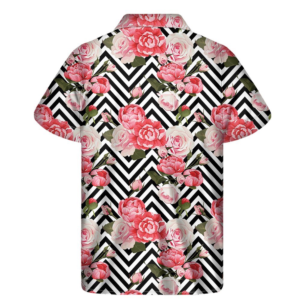 Zigzag Peony And Rose Pattern Print Mens Short Sleeve Shirt Hawaiian