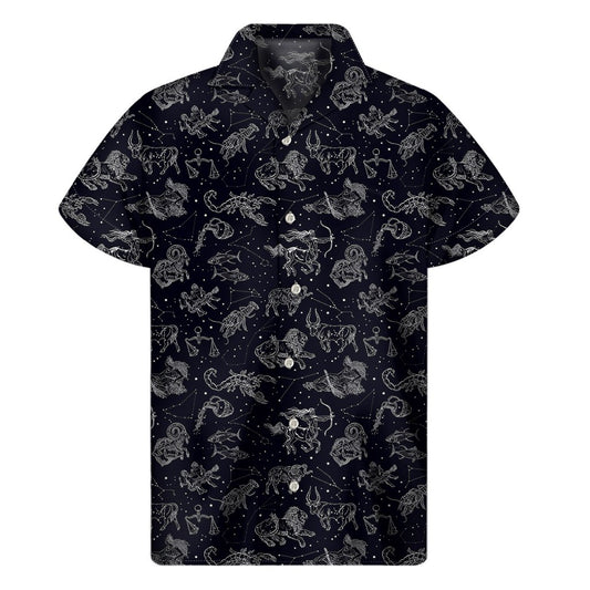 Zodiac Constellation Pattern Print Mens Short Sleeve Shirt Hawaiian