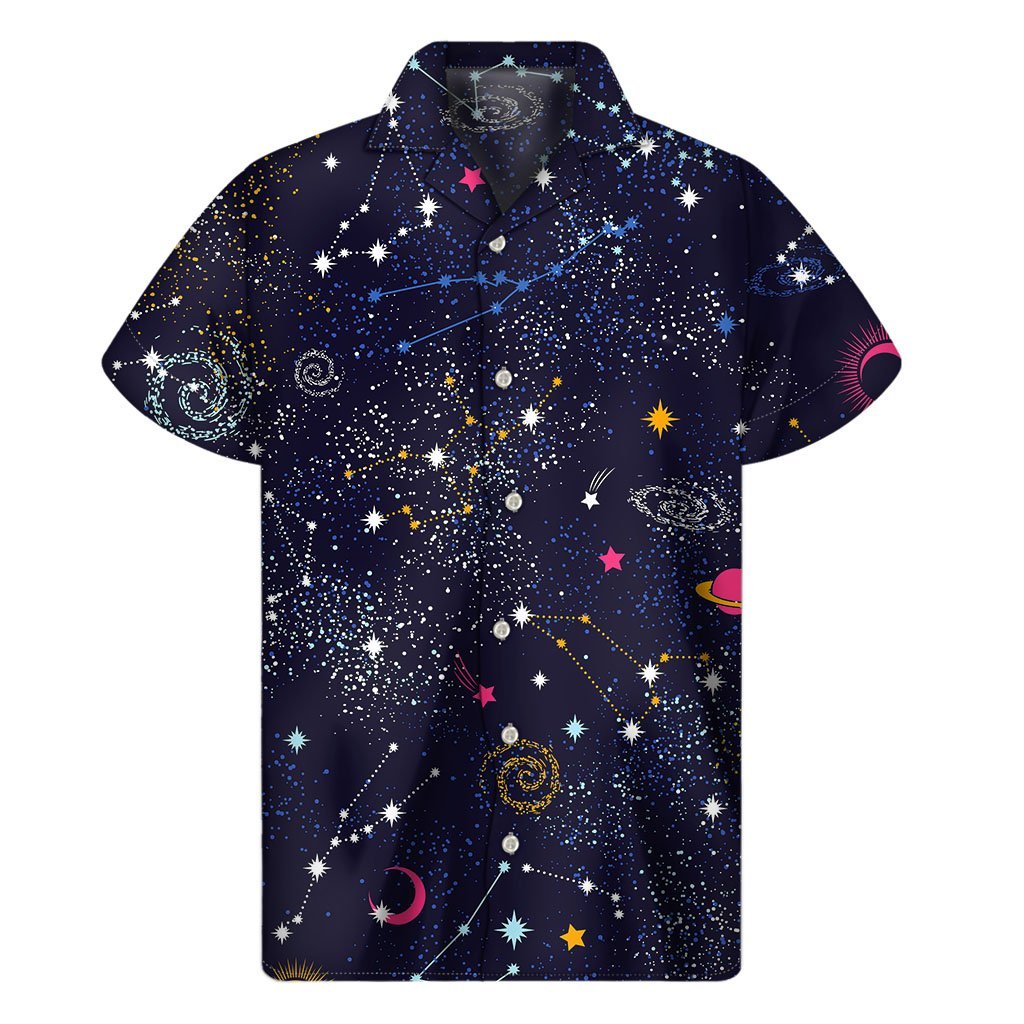 Zodiac Star Signs Galaxy Space Print Mens Short Sleeve Shirt Hawaiian