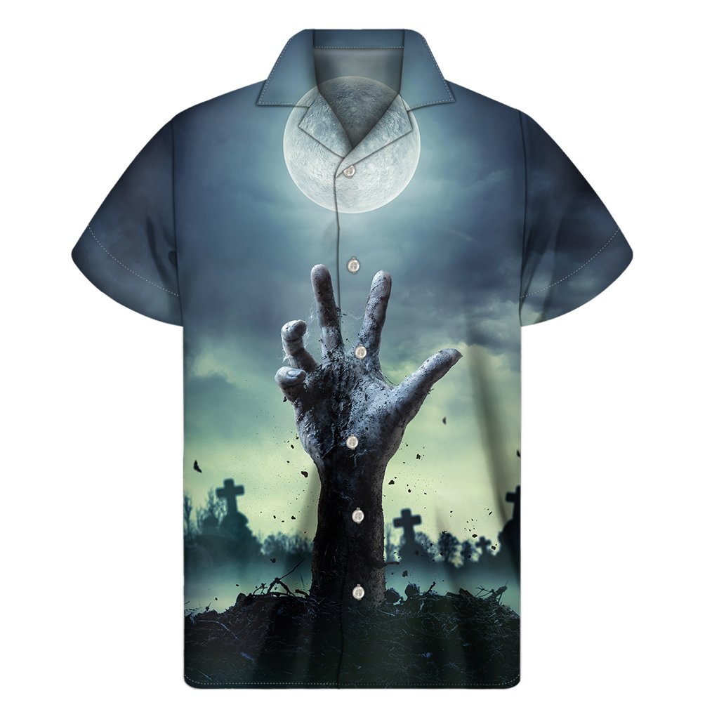 Zombie Hand Rising From Grave Print Mens Short Sleeve Shirt Hawaiian