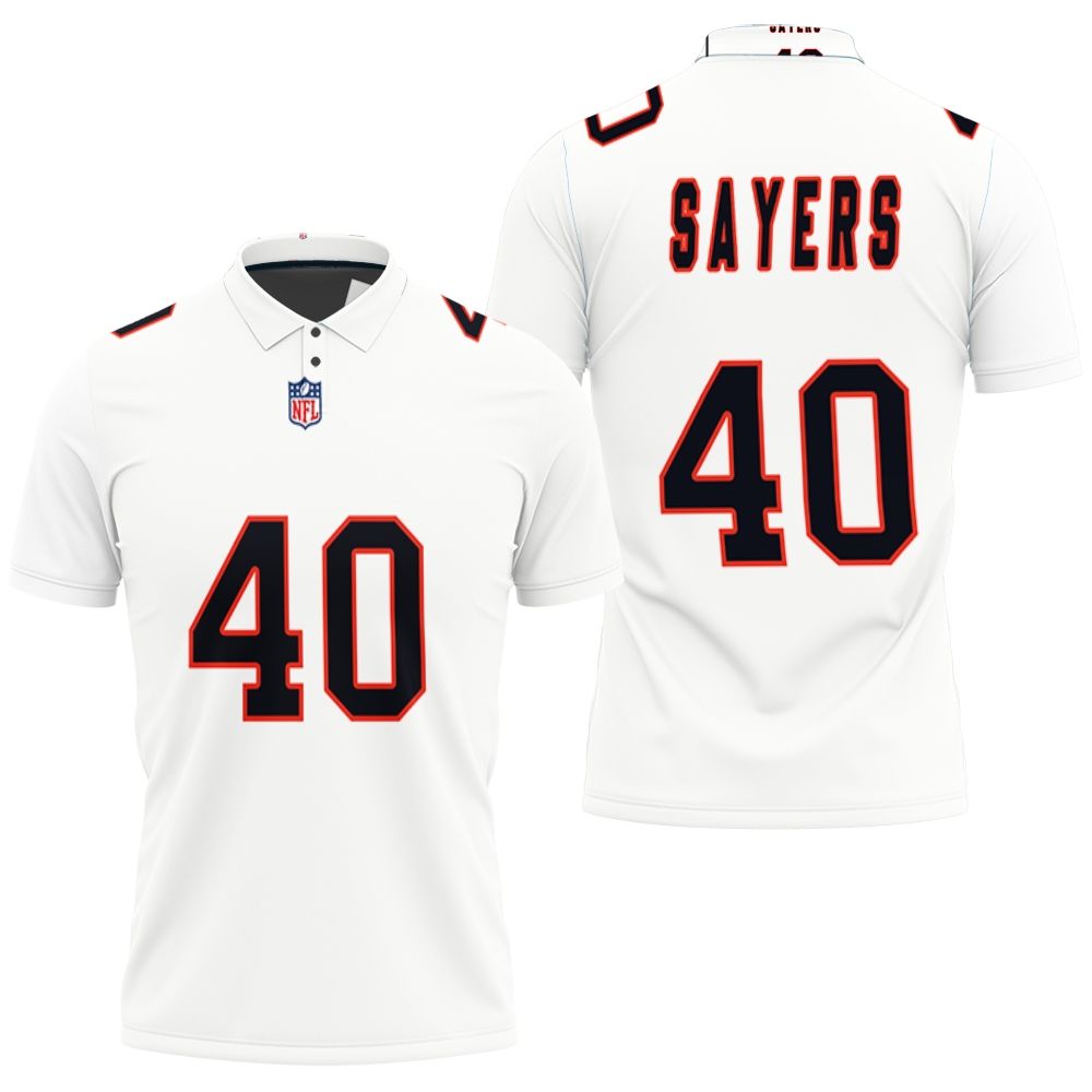 Custom Game White Polo Shirt featuring Art Chicago Bears Gale Sayers #40 Great Player NFL American Football Team.