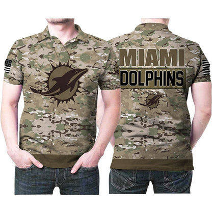 Miami Dolphins Camouflage Pattern With Us Flag 3D Polo Shirt: Perfect Gift For Fans